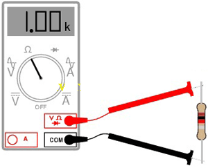 resistor,ptc,ntc,vdr-شکل یک ماتیمتر در حال اندازه گیری یک مقاومت کربنی