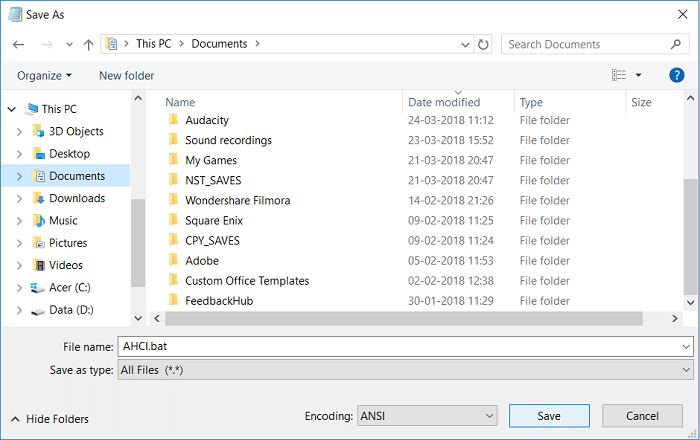 فایل را به عنوان AHCI.bat ذخیره کنید و از نوع Save as گزینه All Files را انتخاب کنید